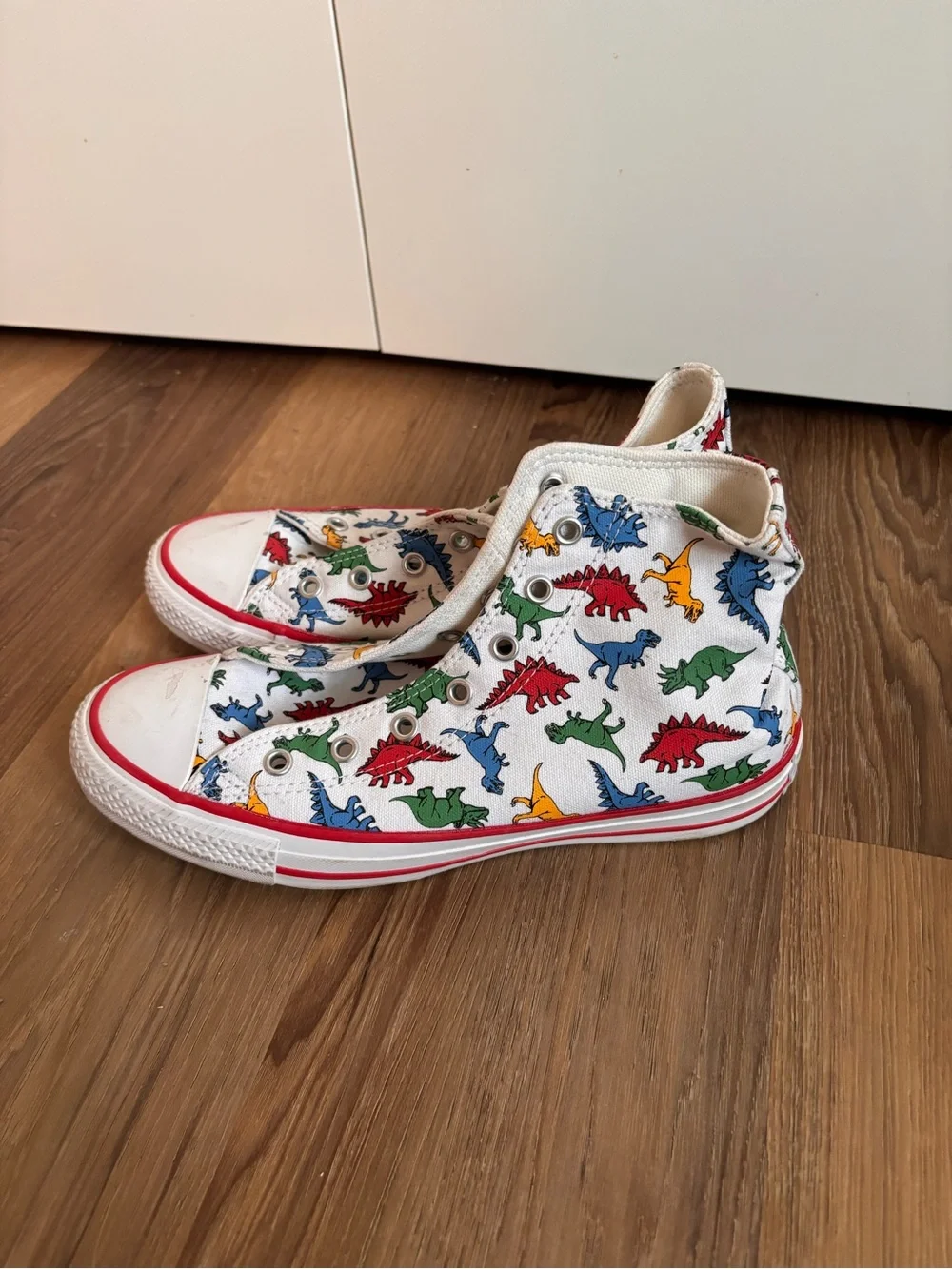 White High-Top Sneakers with Colorful Dinosaur Print